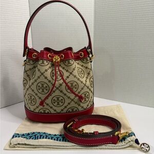 Tory Burch T Monogram Jacquard Bucket Bag Tory Red/Hazelnut